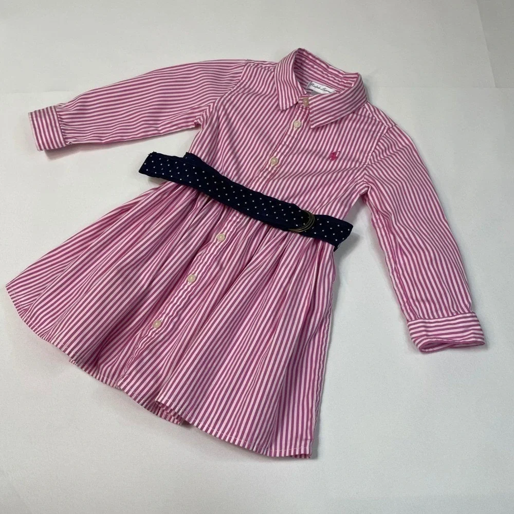 Ralph‎ Lauren Pink White Stripe Button Front Dress Navy Polka Dot Belt Size 12M